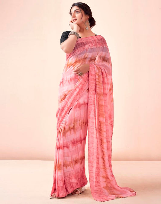Ready to Wear Light Pink Georgette Printed Saree