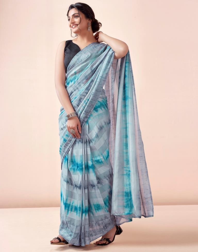 Ready to Wear Mint Grey Georgette Printed Saree