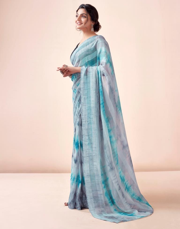 Ready to Wear Mint Grey Georgette Printed Saree