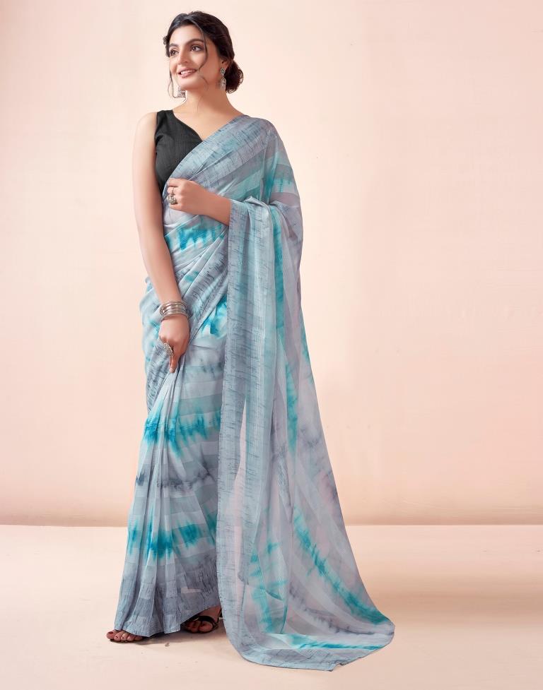 Ready to Wear Mint Grey Georgette Printed Saree