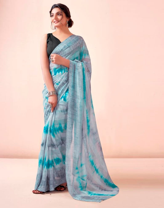 Ready to Wear Mint Grey Georgette Printed Saree