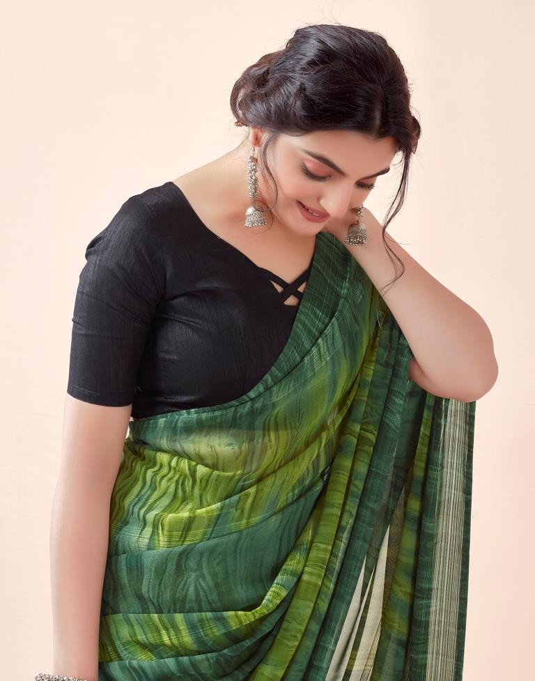Ready to Wear Dark Green Georgette Printed Saree
