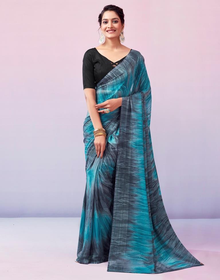 Ready to Wear Grey & Blue Georgette Printed Saree