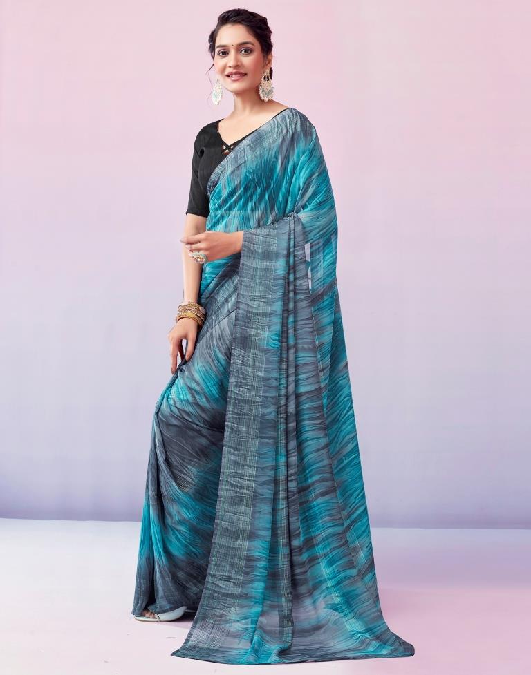 Ready to Wear Grey & Blue Georgette Printed Saree