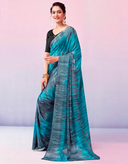 Ready to Wear Grey & Blue Georgette Printed Saree