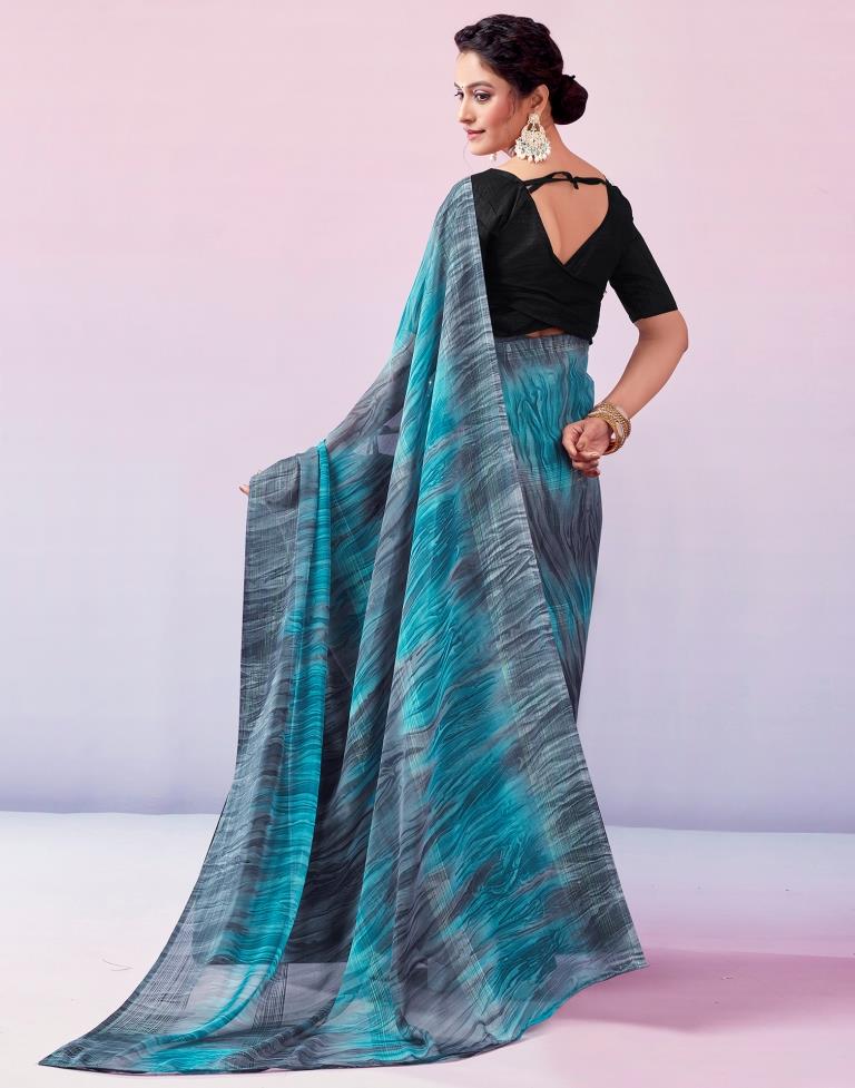 Ready to Wear Grey & Blue Georgette Printed Saree