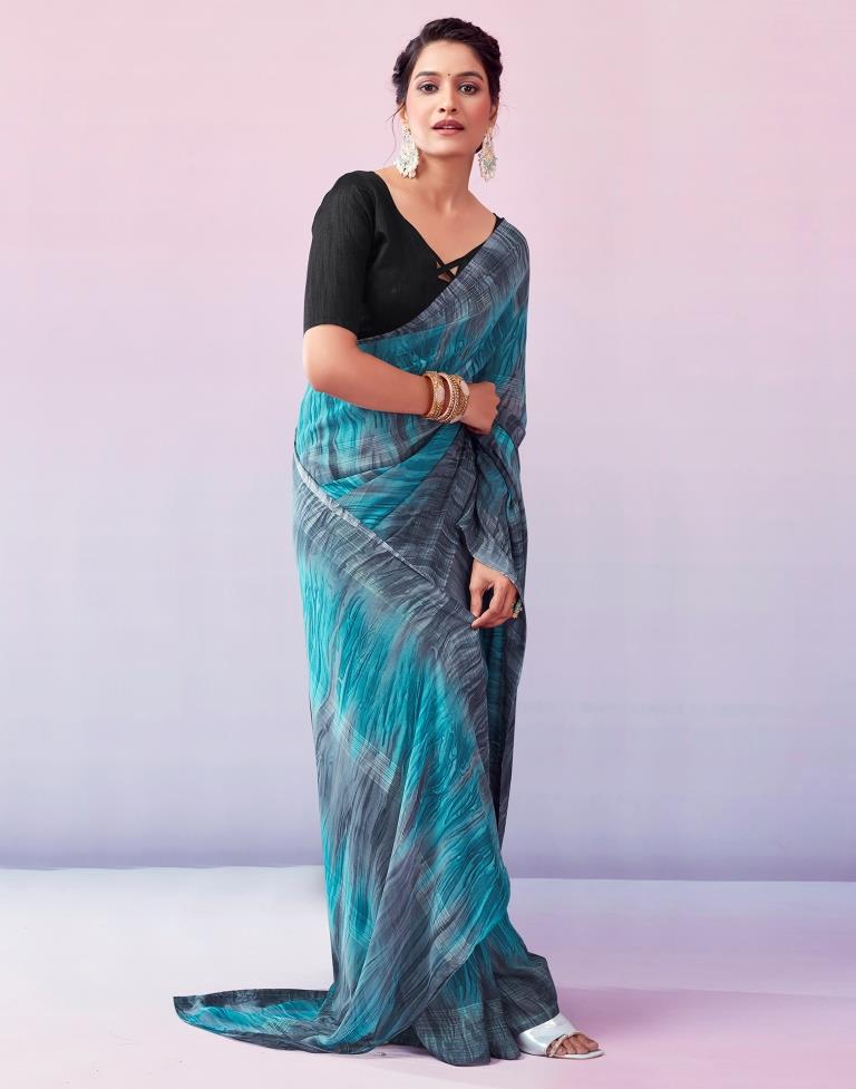 Ready to Wear Grey & Blue Georgette Printed Saree