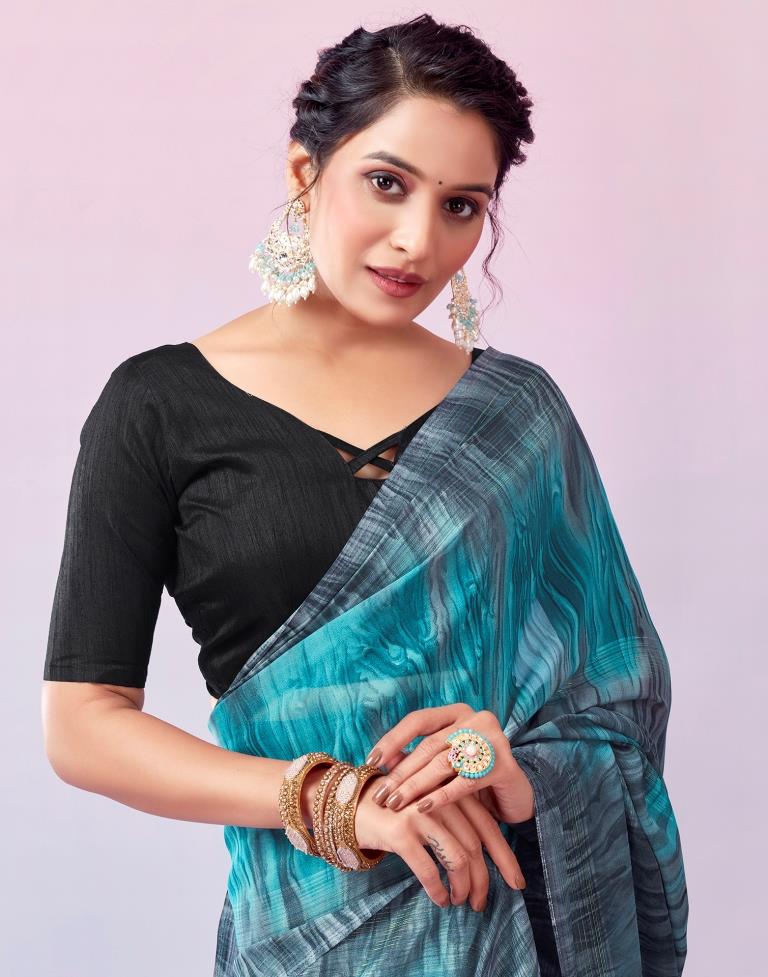 Ready to Wear Grey & Blue Georgette Printed Saree