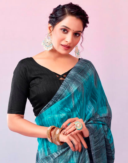 Ready to Wear Grey & Blue Georgette Printed Saree