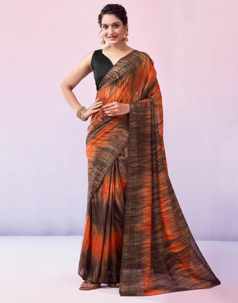 Ready to Wear Brown & Orange Georgette Printed Saree