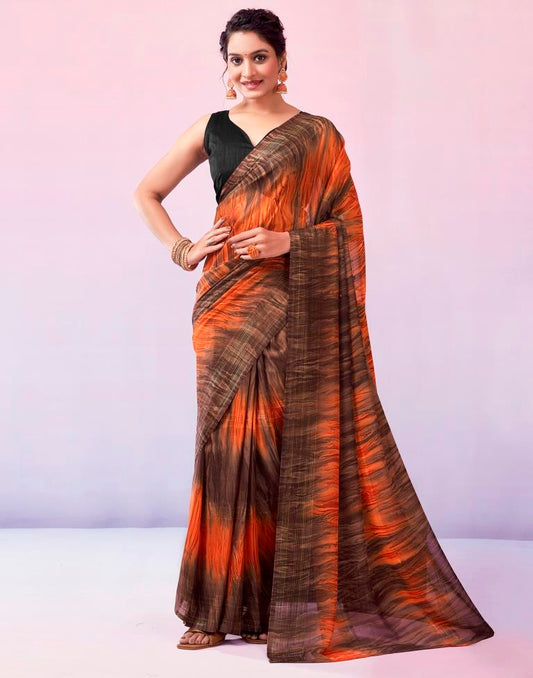 Ready to Wear Brown & Orange Georgette Printed Saree