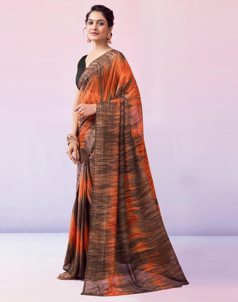 Ready to Wear Brown & Orange Georgette Printed Saree