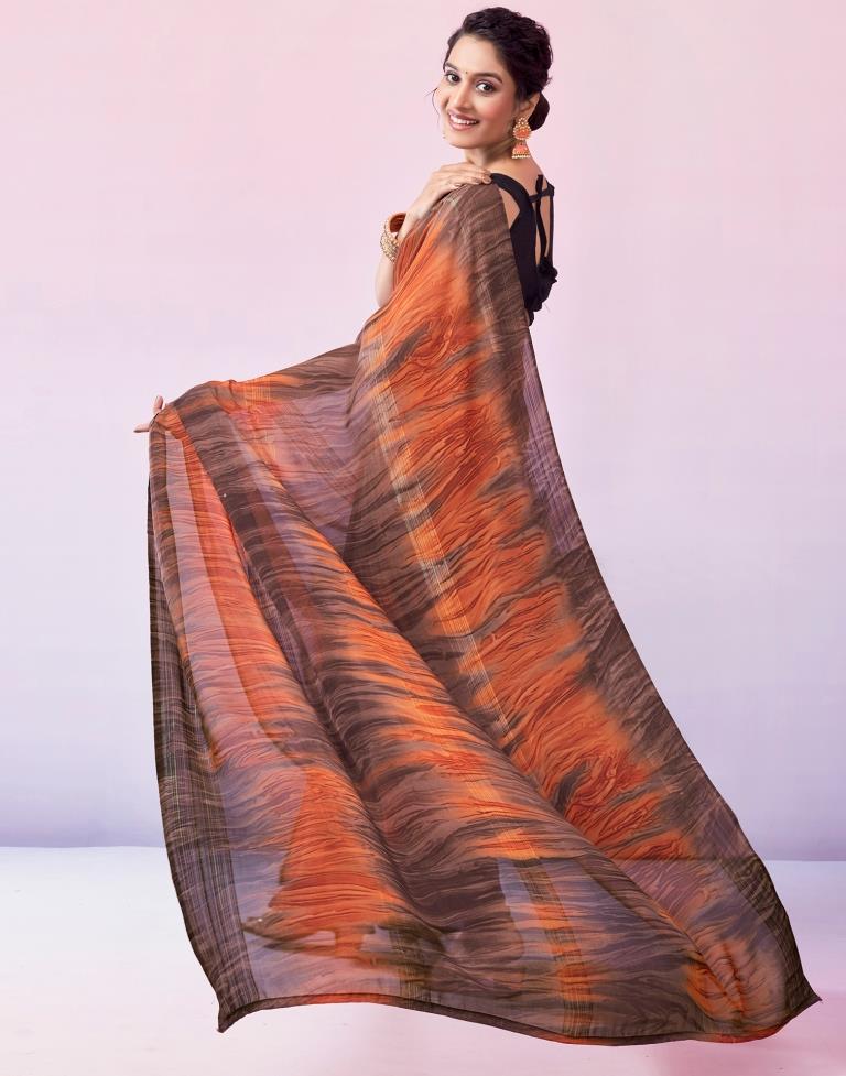 Ready to Wear Brown & Orange Georgette Printed Saree