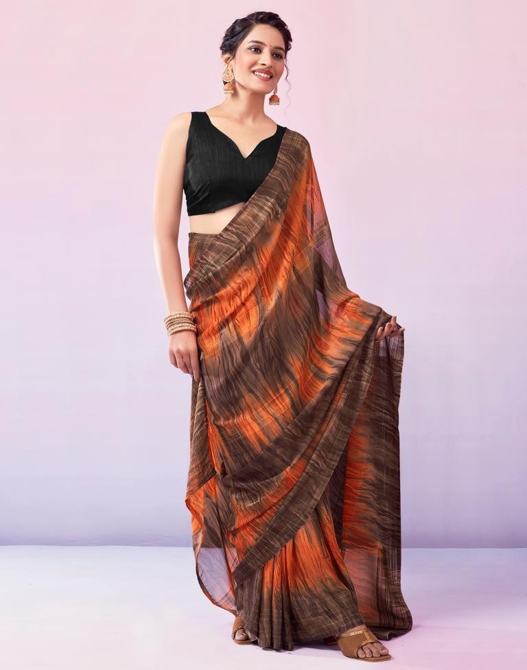Ready to Wear Brown & Orange Georgette Printed Saree