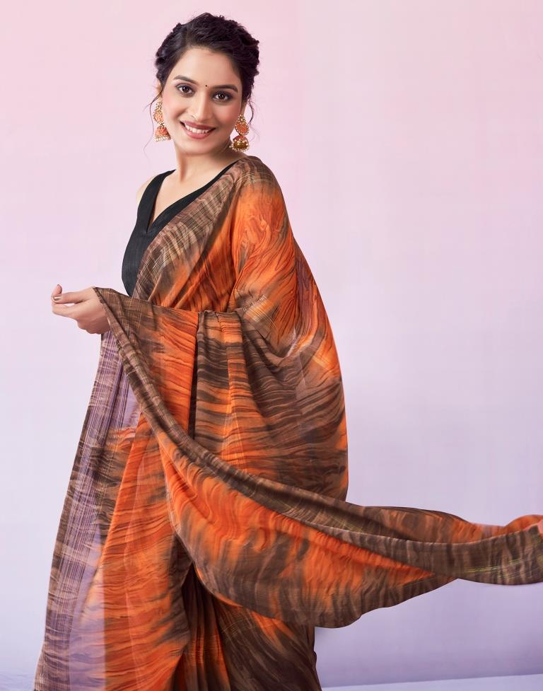 Ready to Wear Brown & Orange Georgette Printed Saree