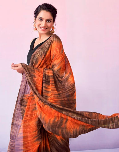 Ready to Wear Brown & Orange Georgette Printed Saree
