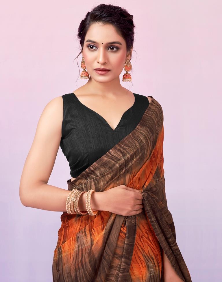 Ready to Wear Brown & Orange Georgette Printed Saree