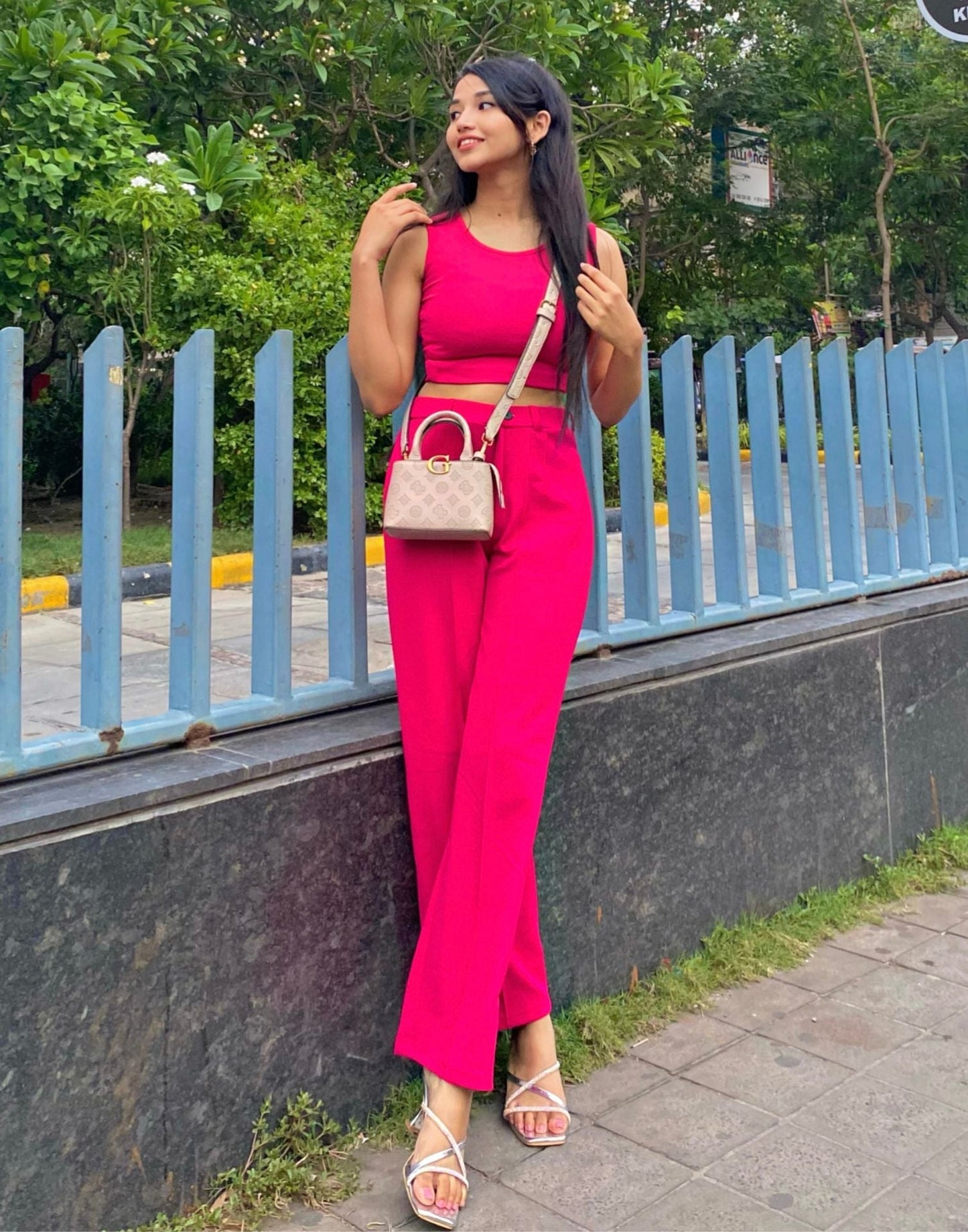 Fuchsia Pink Tank Top With Flared Trouser | Leemboodi