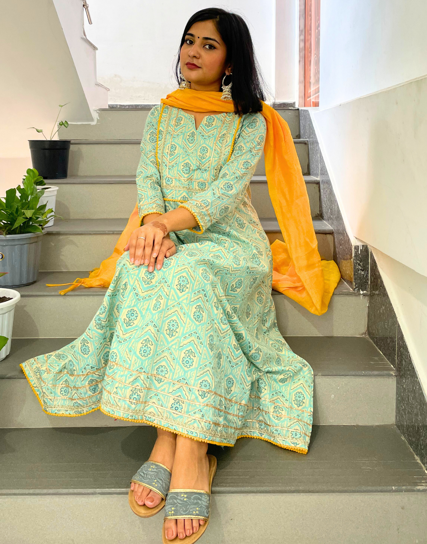 Sky Blue Printed Kurta with Pant and Dupatta | Leemboodi