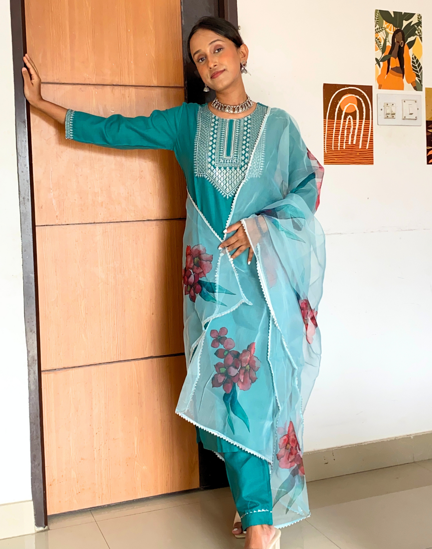 Rama Green Sequence Straight Kurti With Pant And Dupatta