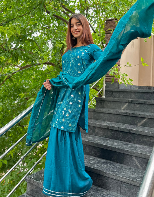 Dark Green Kurti With Sharara And Dupatta | Leemboodi