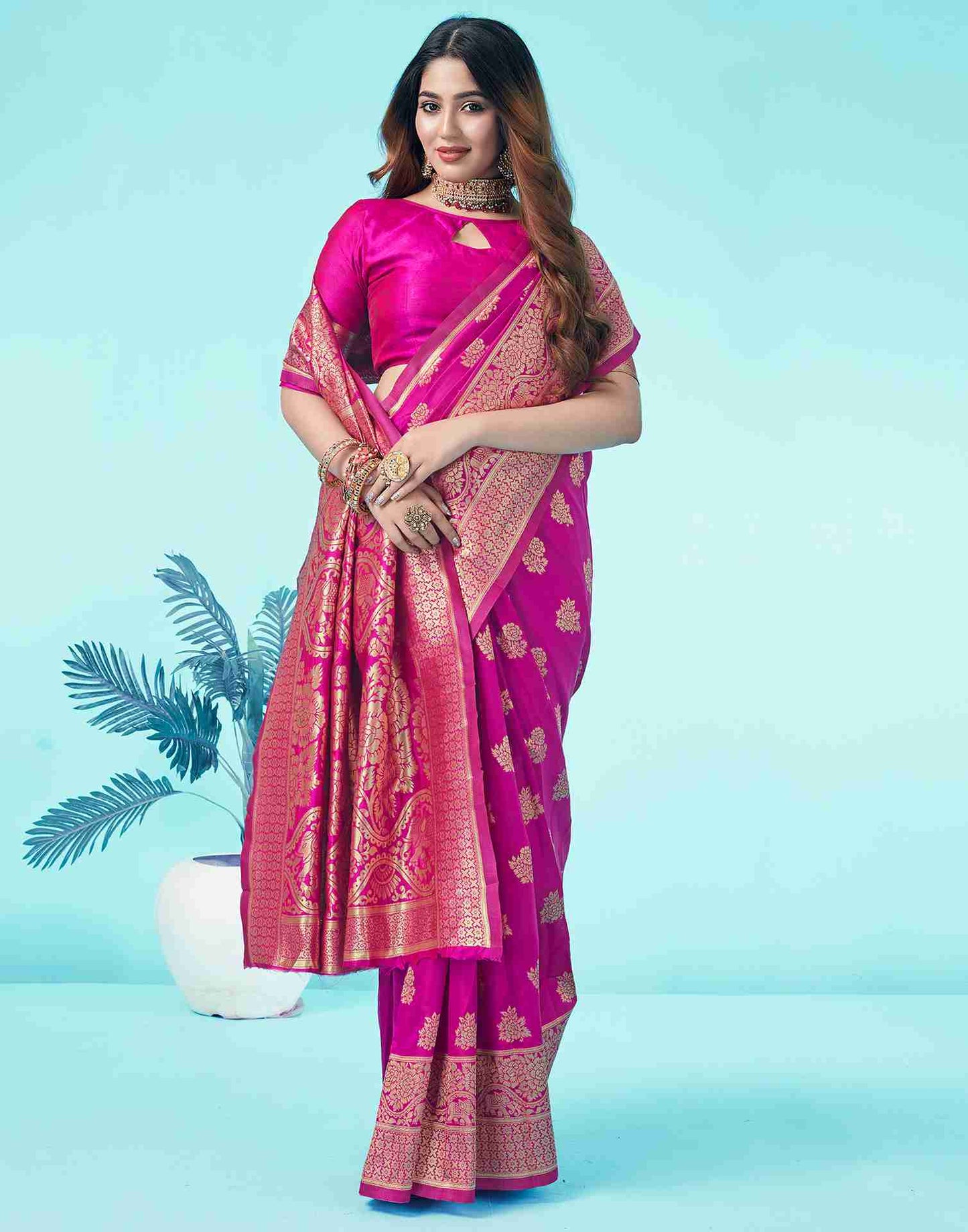 Rani Pink Jacquard Silk Saree