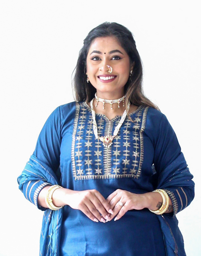 Navy Blue Embroidery Straight Kurti With Pant And Dupatta