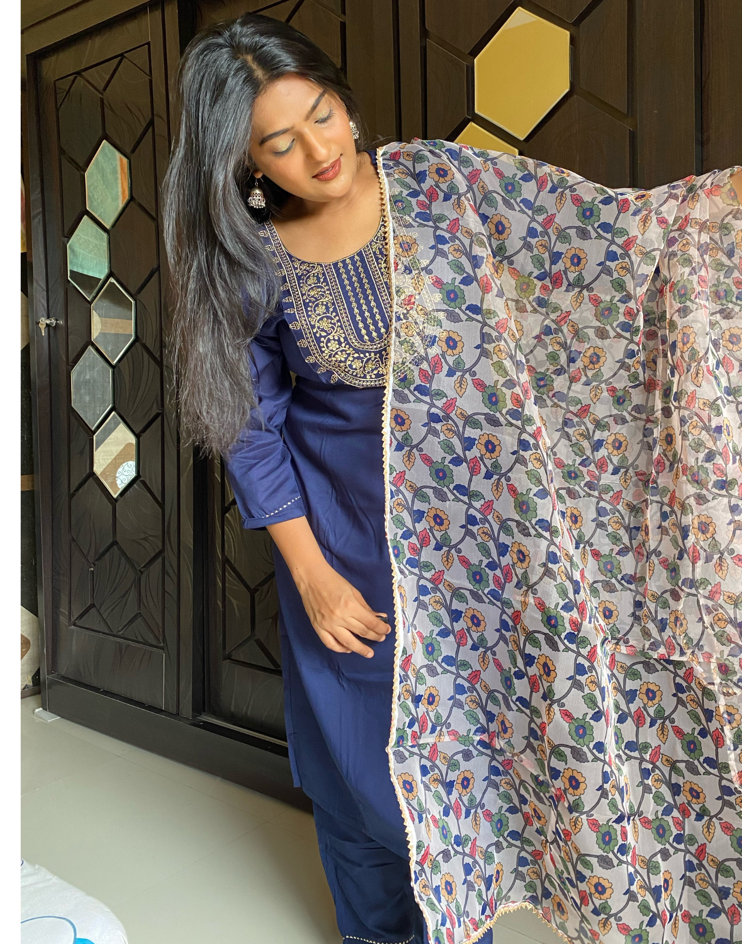 Navy Blue Sequence Straight Kurti With Pant And Dupatta | Leemboodi