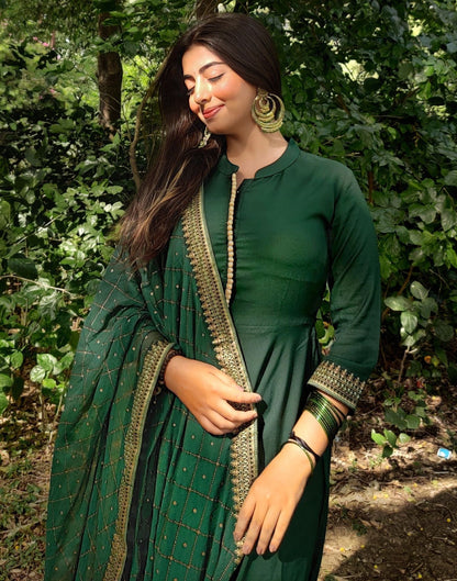 Green Printed A-Line Kurti With Pant And Dupatta | Leemboodi