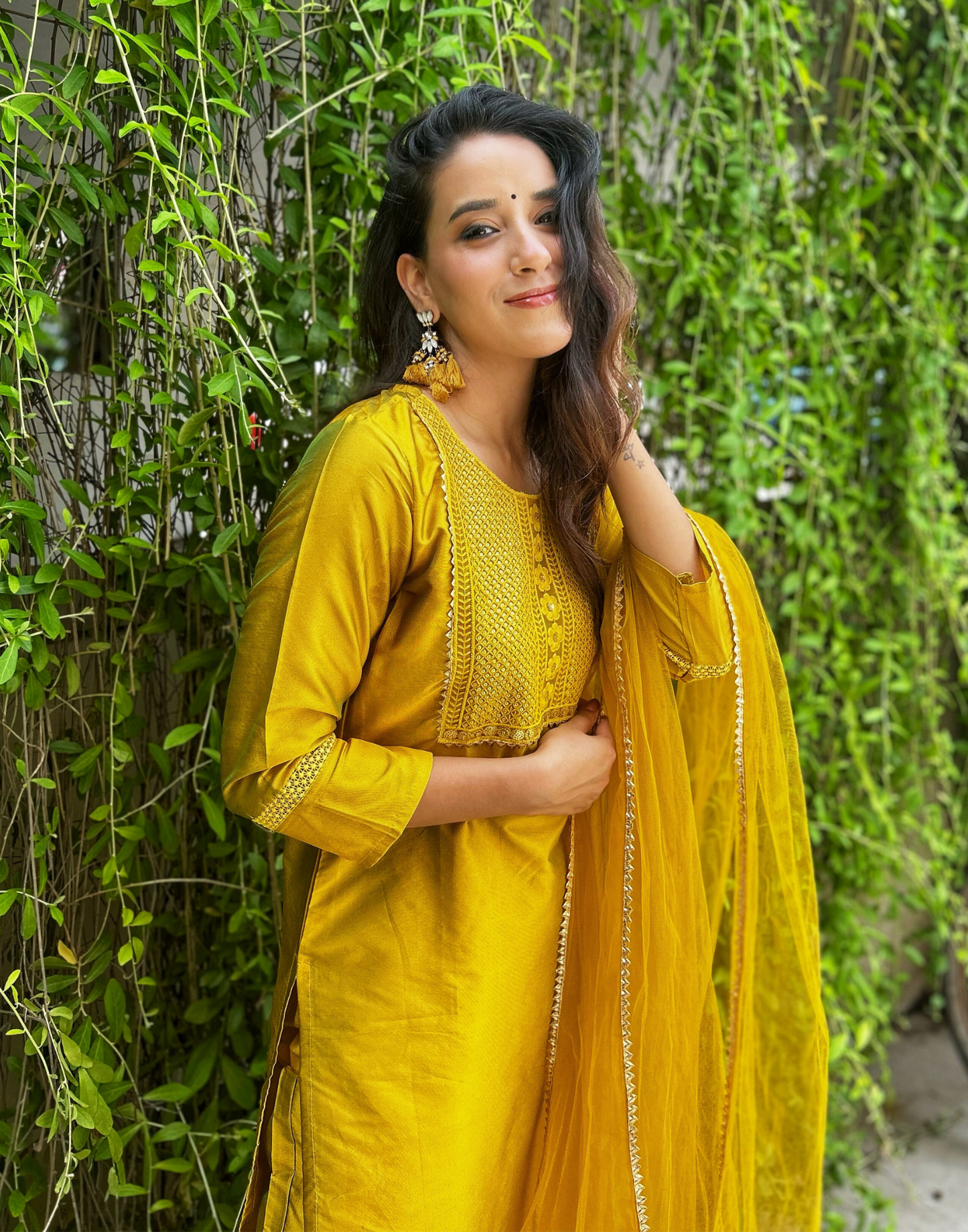 Mustard Yellow Sequence Straight Kurti With Pant And Dupatta | Leemboodi