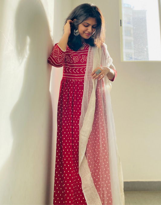 Red Printed Gown with Dupatta