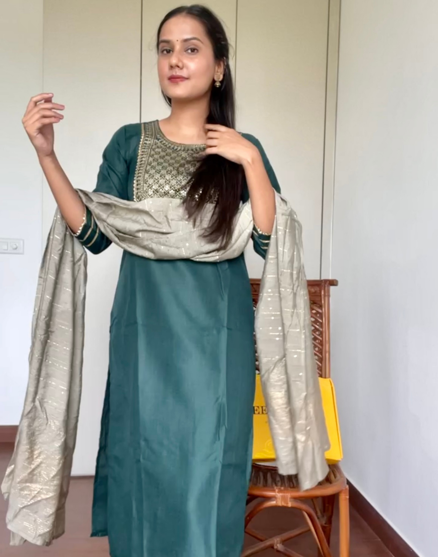 Green Cotton Embroidery Straight Kurta With Pant And Dupatta