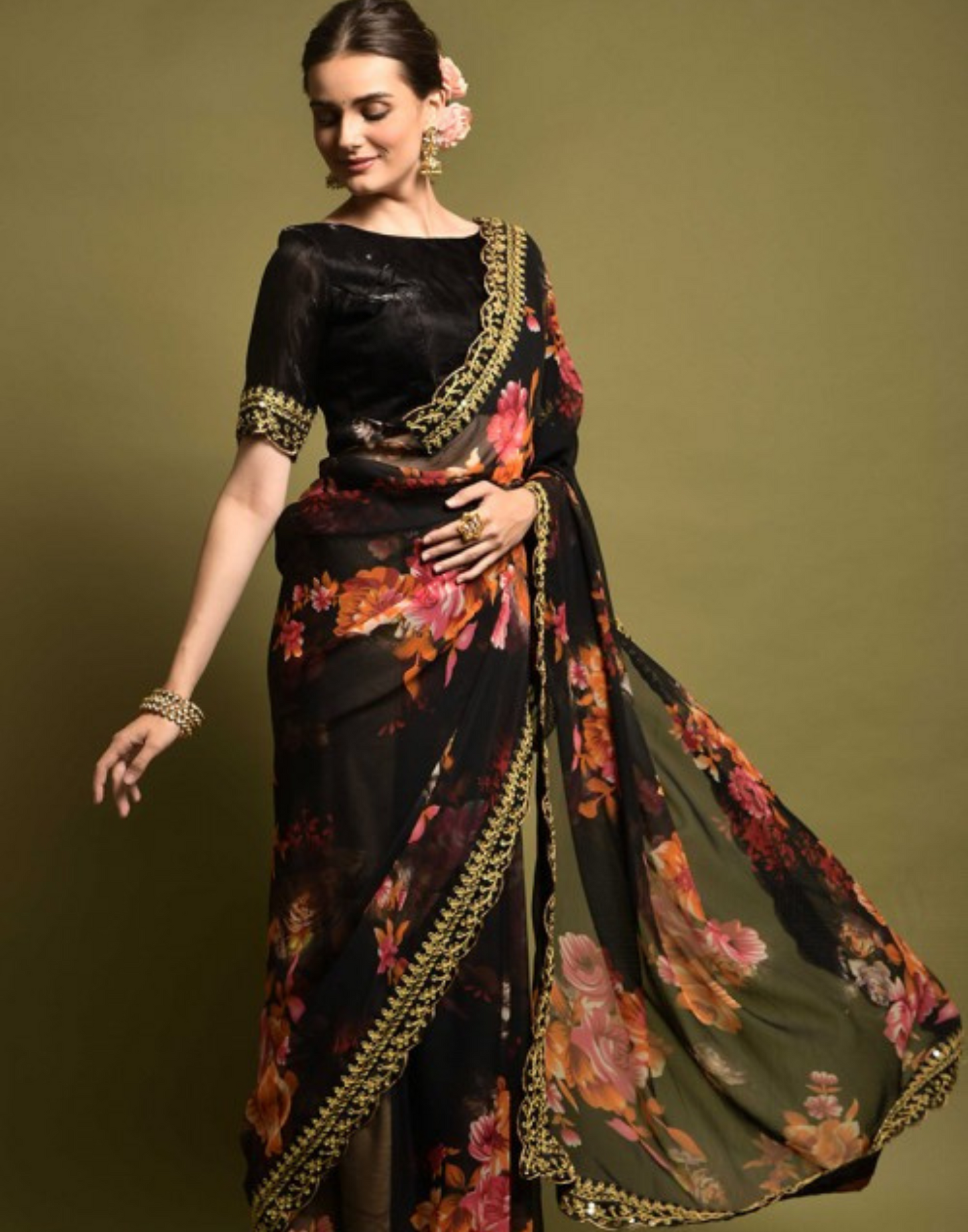 Black Printed Saree | Leemboodi