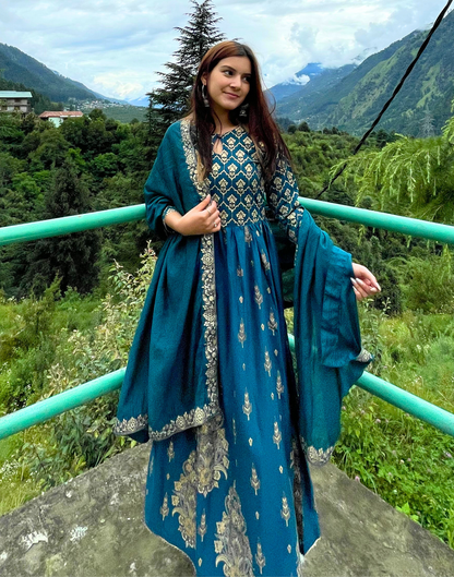 Teal Printed Kurti With Pant And Dupatta | Leemboodi