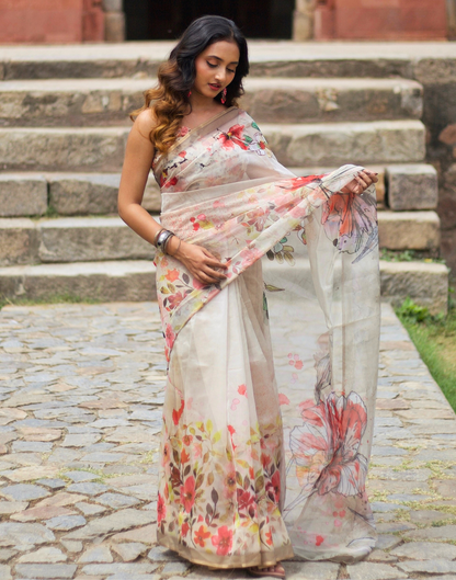 Beige Organza Printed Saree