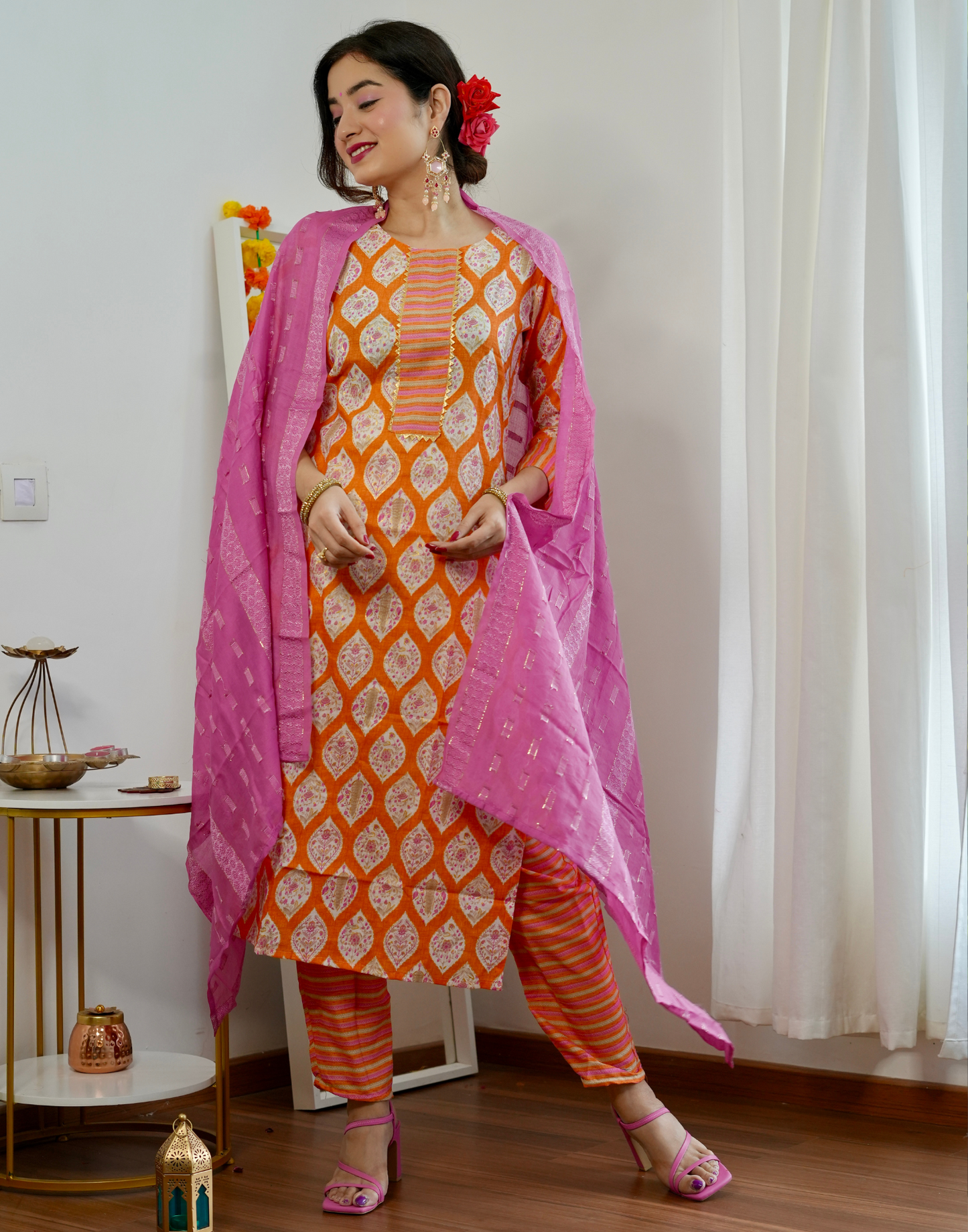 Light Orange Cotton Printed Straight Kurta With Pant And Dupatta