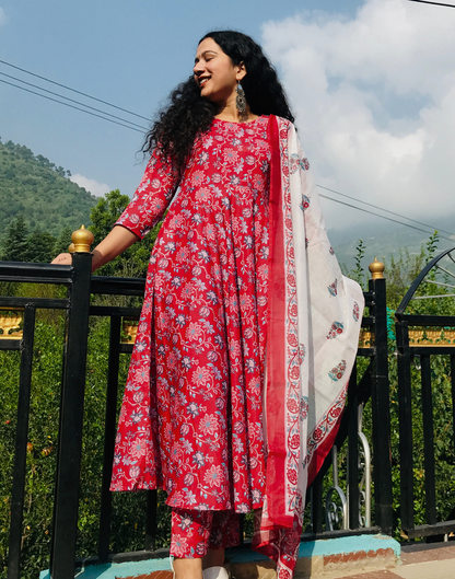 Red Printed Flared Kurta With Pant And Dupatta