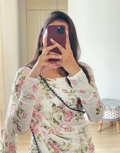 Ready to Wear White Printed Chiffon Saree