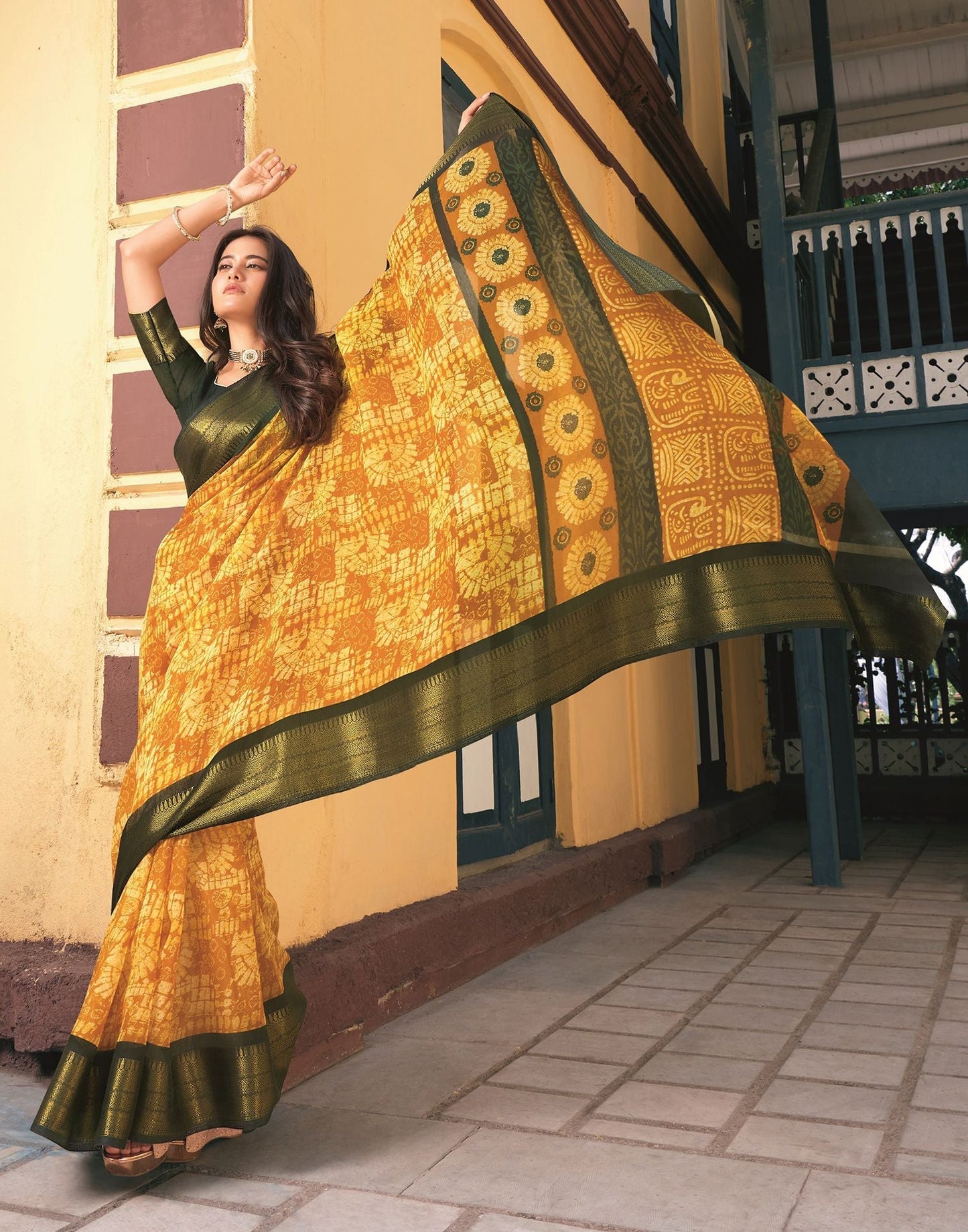 Mustard Yellow Cotton Printed Saree | Leemboodi
