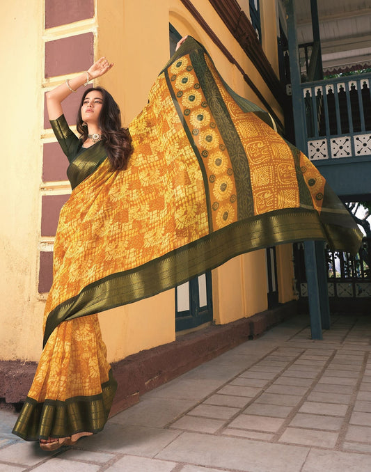 Mustard Yellow Cotton Printed Saree | Leemboodi