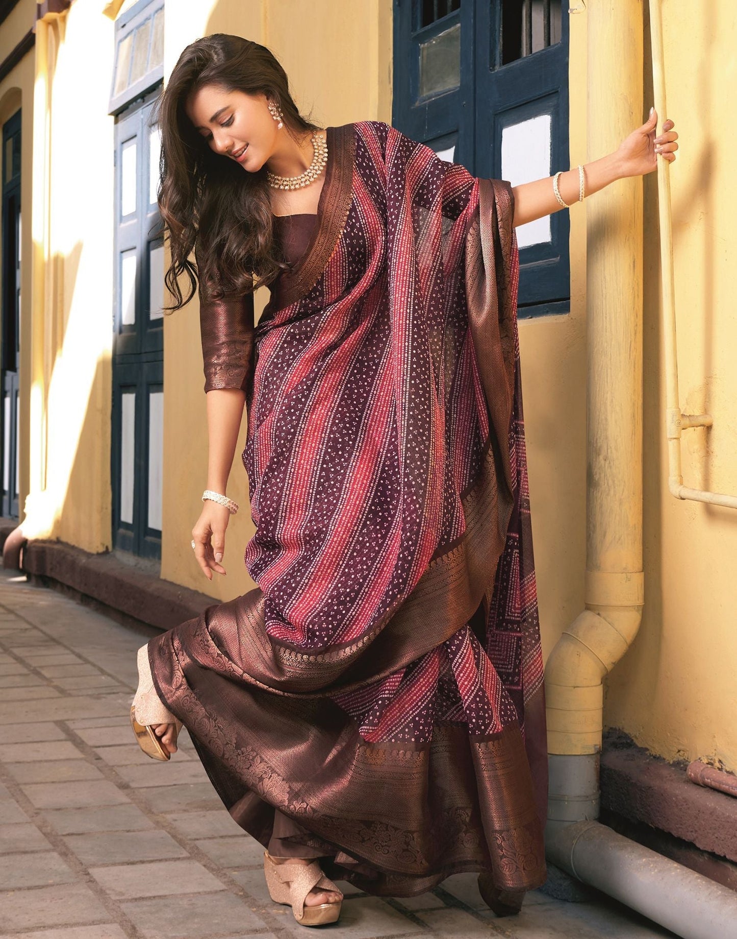 Wine Cotton Bandhani Saree | Leemboodi