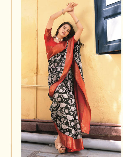 Black Cotton Printed Saree | Leemboodi