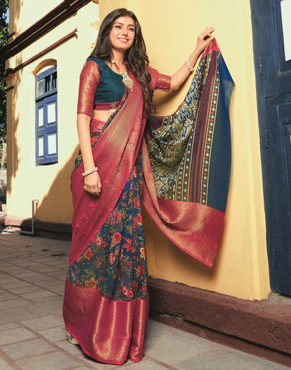 Teal Blue Cotton Printed Saree | Leemboodi