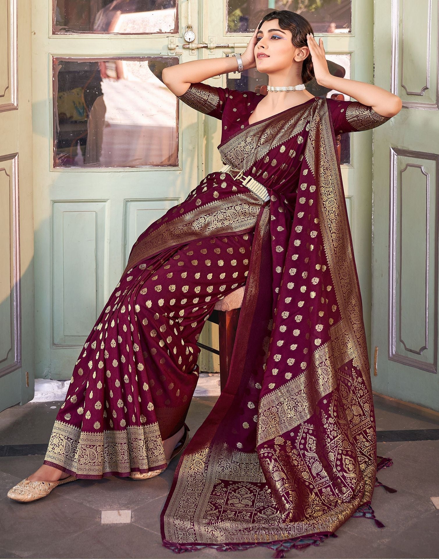 Wine Banarasi Saree | Leemboodi