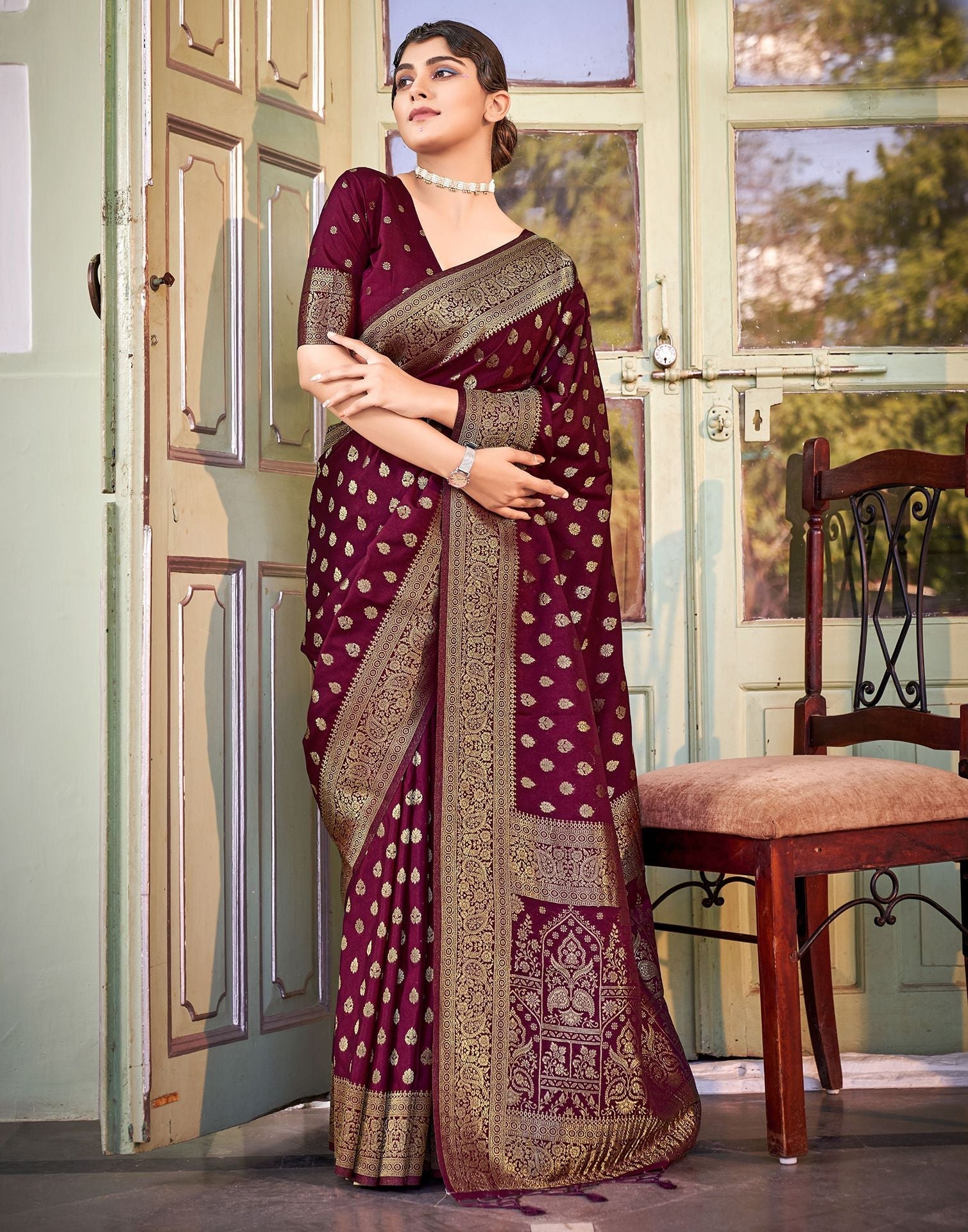 Wine Banarasi Saree | Leemboodi