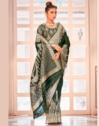 Dark Green Silk Banarasi Saree | Leemboodi
