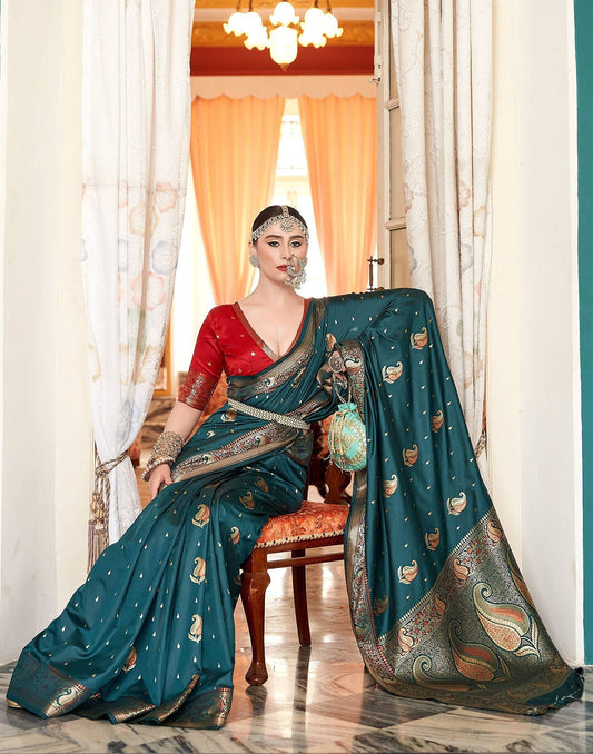 Teal Blue Silk Banarasi Saree | Leemboodi