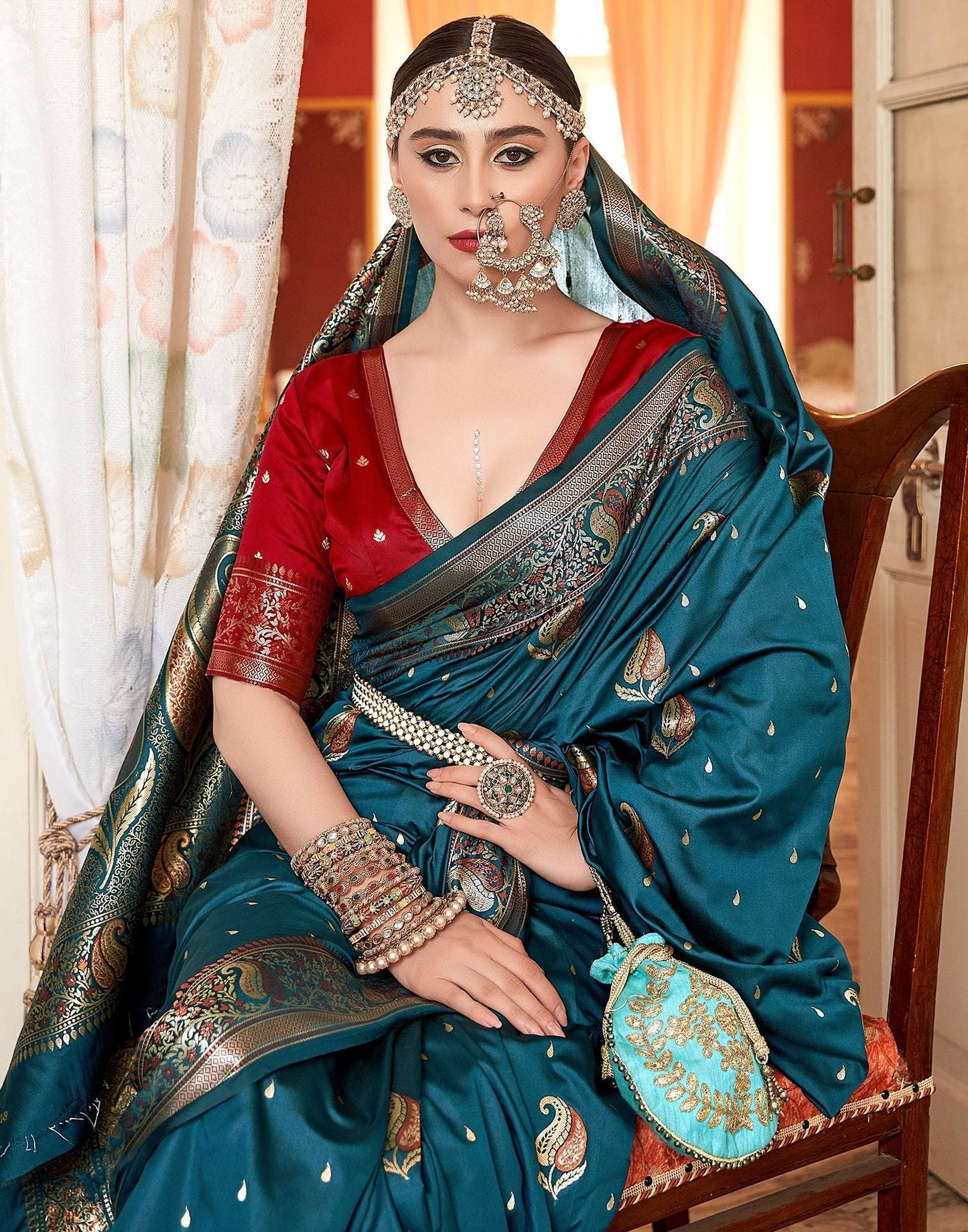 Teal Blue Silk Banarasi Saree | Leemboodi