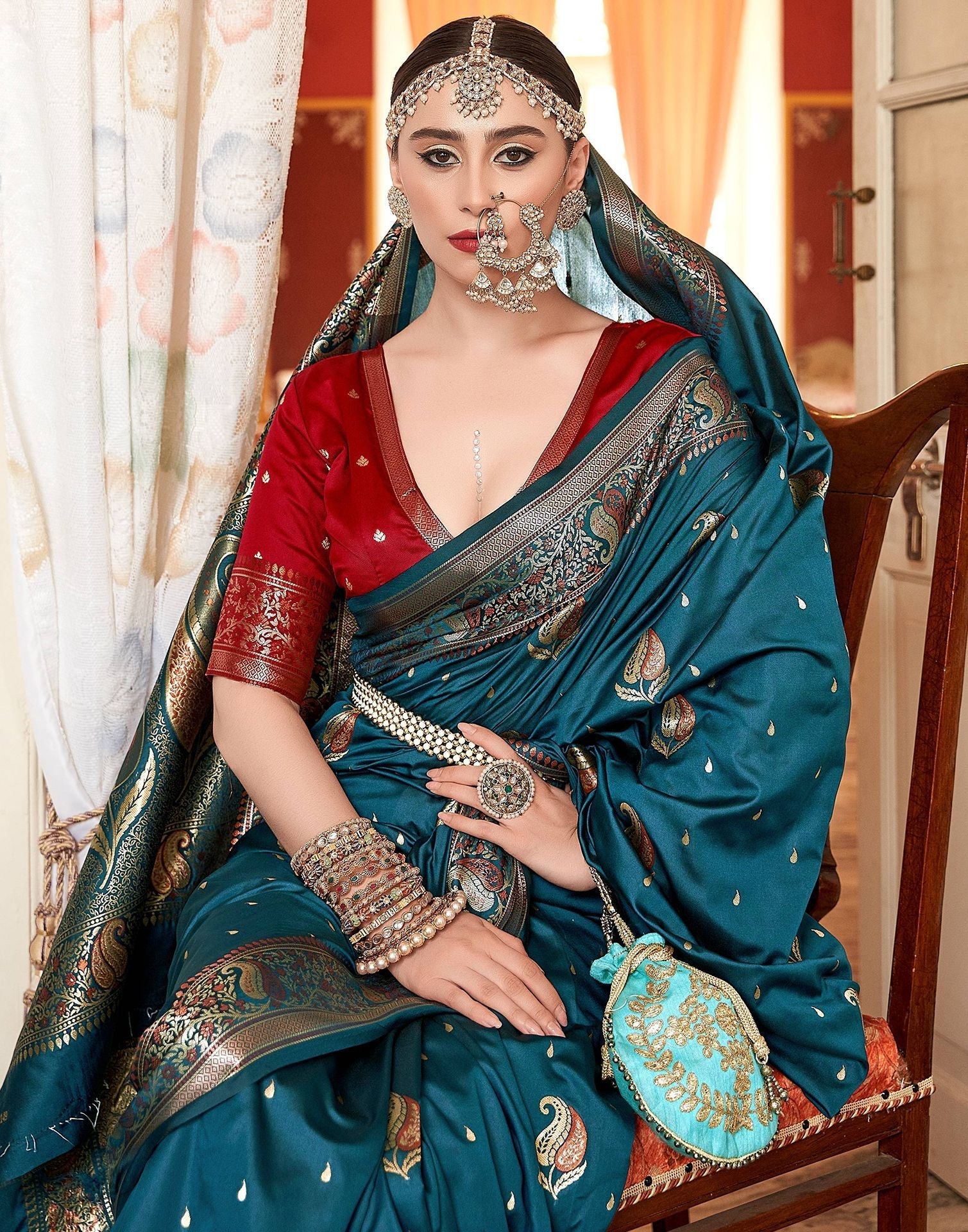 Teal Blue Silk Banarasi Saree | Leemboodi