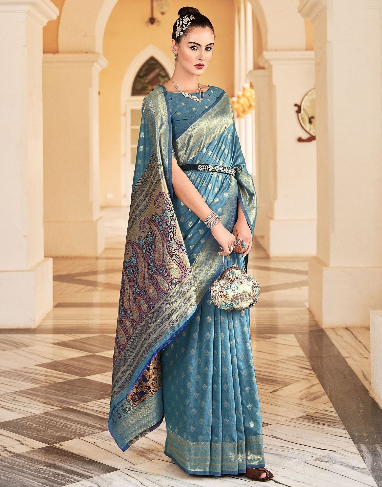 Light Blue Silk Banarasi Saree | Leemboodi